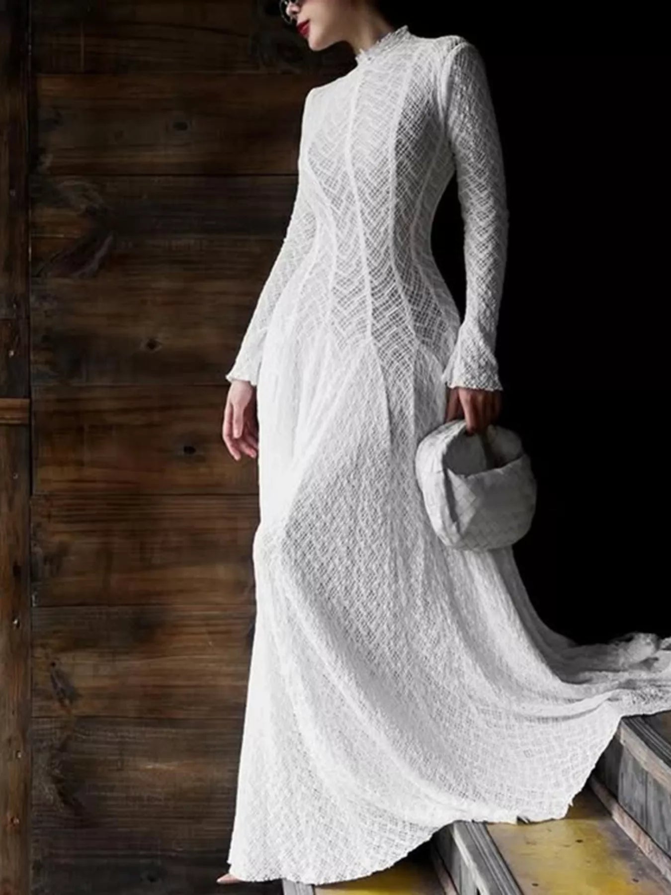 Lace Mock Neck Long Sleeve Maxi Dress  Huntrue Store